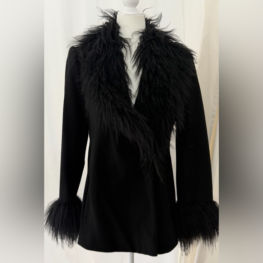 Saks Steve By Searle Genuine Mongolian Lamb Curly Fur Trim Cashmere Coat